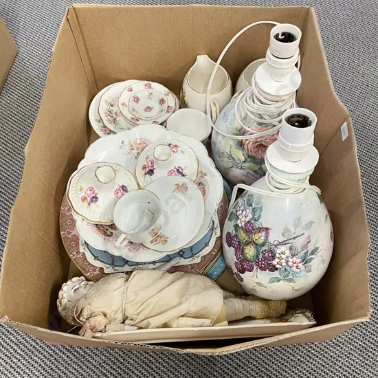 Box Qty of Assorted Fancy China & Two Hand Painted Lamps