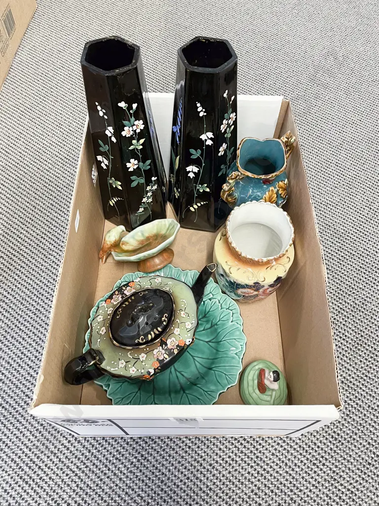 Box Qty of Assorted China incl Pair of Painted Glass Vases Image 1++