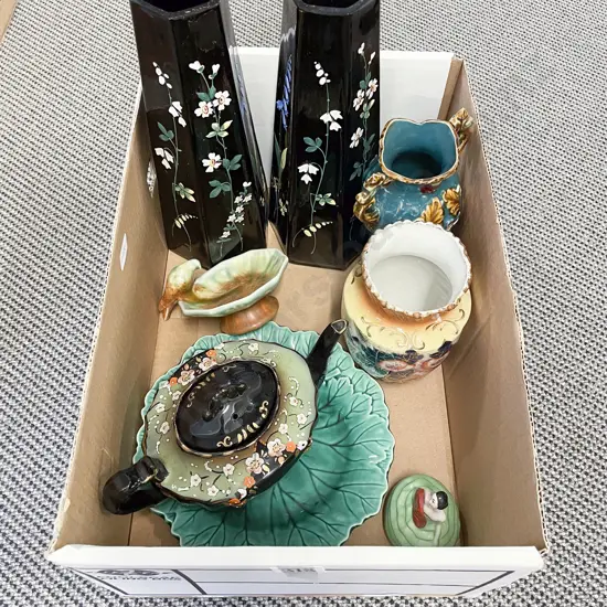 Box Qty of Assorted China incl Pair of Painted Glass Vases
