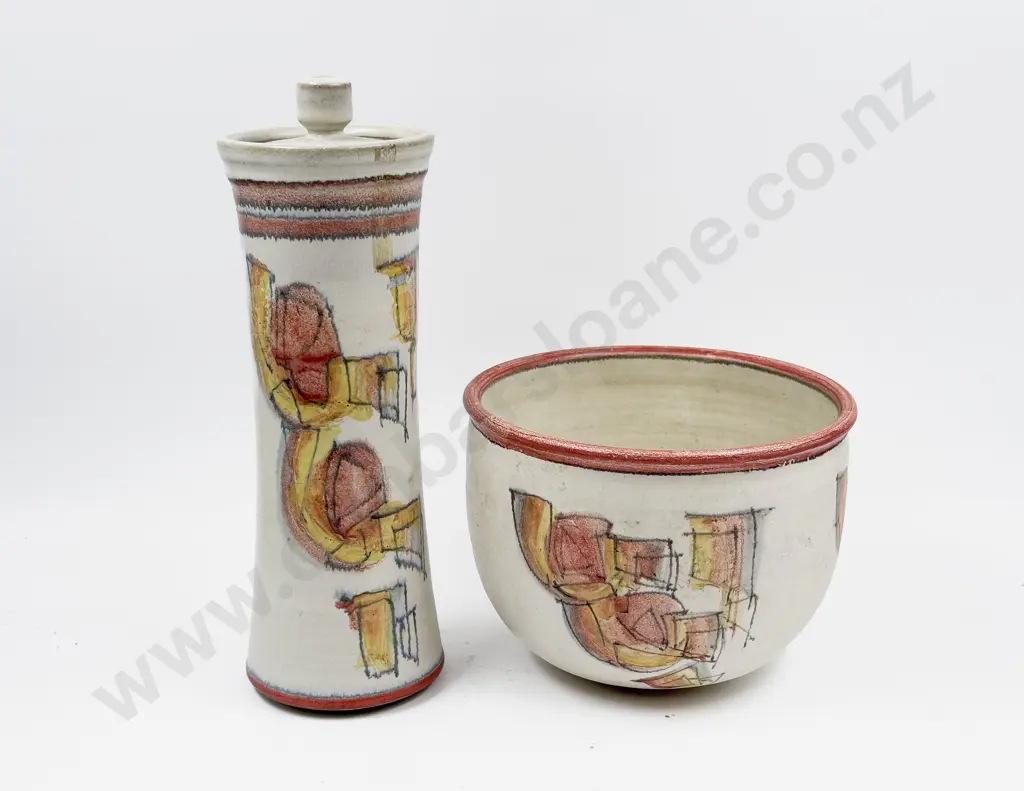 Pottery Bowl together with Matching Tall Lidded Pottery Jar Image 1++