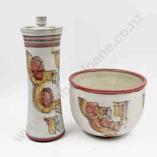 Pottery Bowl together with Matching Tall Lidded Pottery Jar