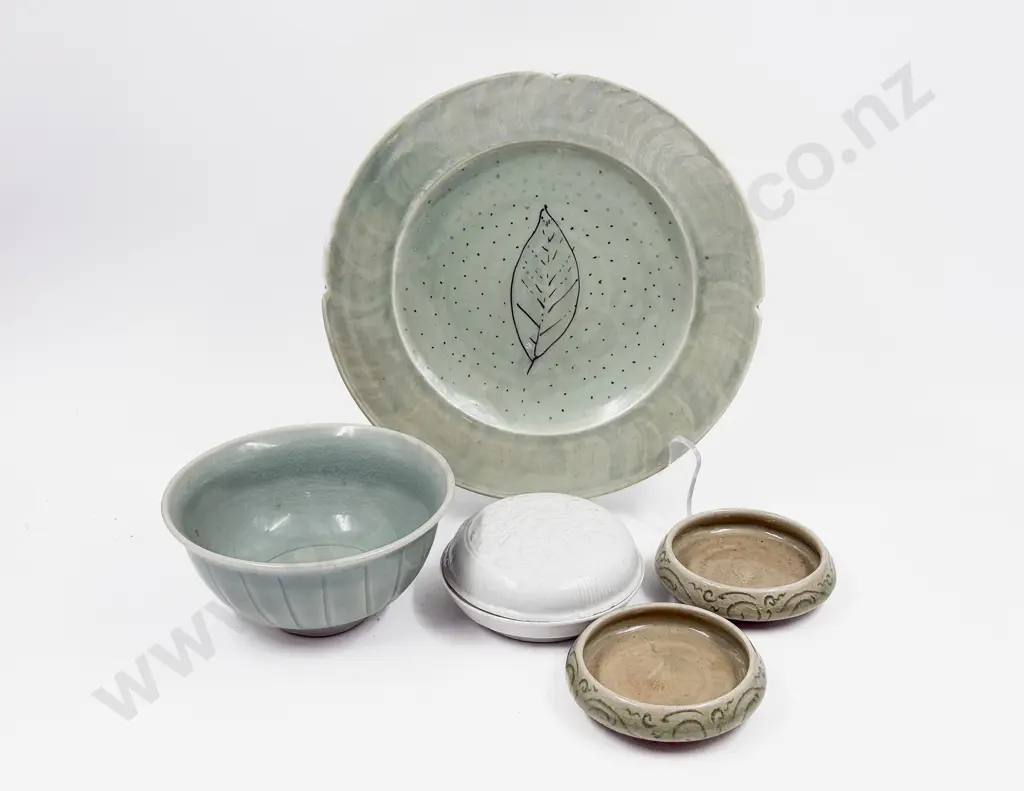 Celadon Glazed Bowl & Plate together with Three Others Image 1++