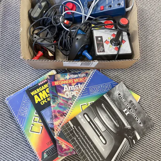 Box Qty of Assorted Vintage Gaming Controllers & Console Manuals etc
