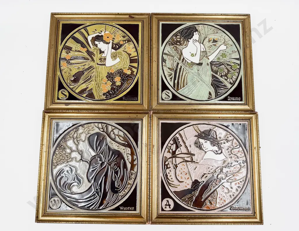 Four Framed Reproduction Majolica Tiles Image 1++