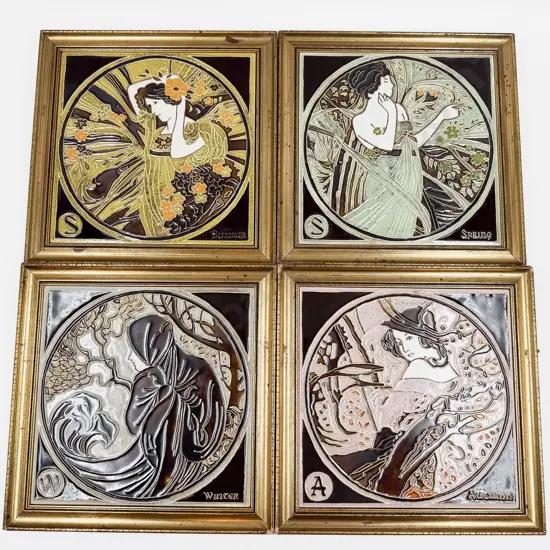 Four Framed Reproduction Majolica Tiles