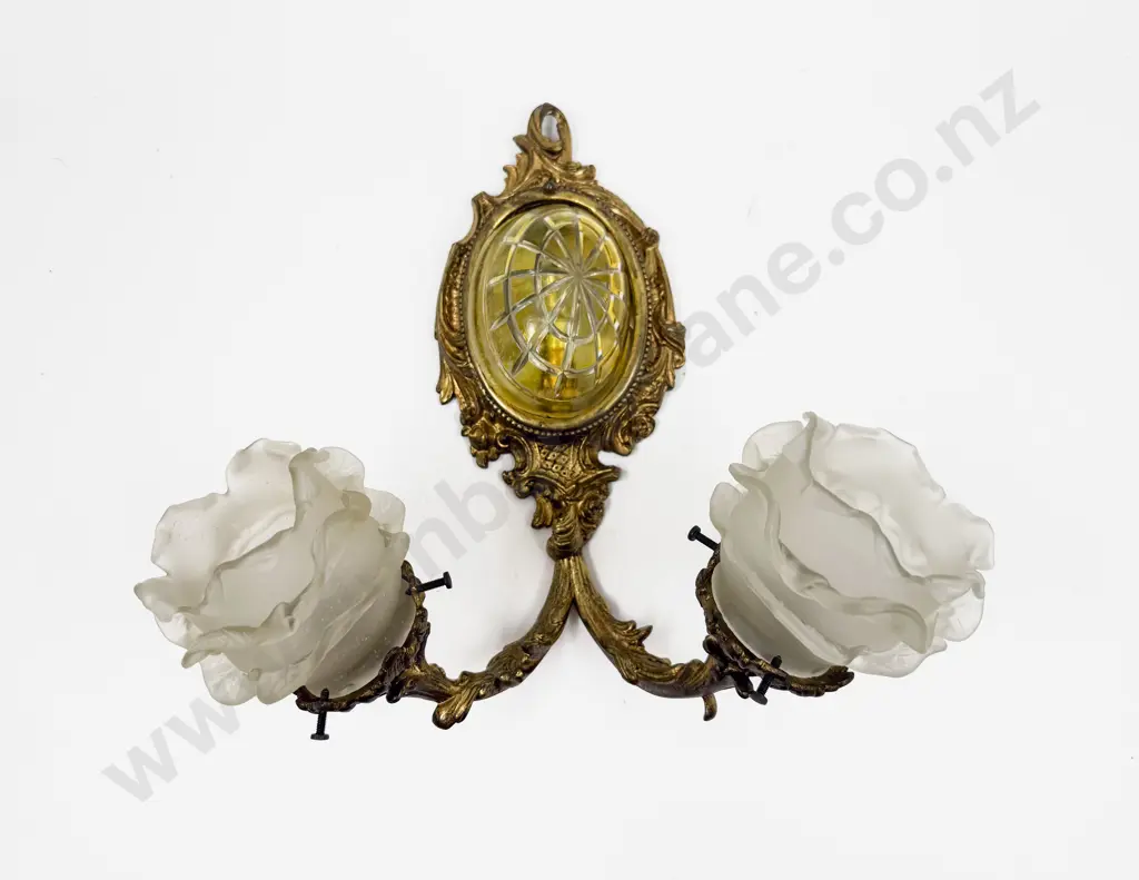Decorative Gilt Metal Two Branch Wall Light with Glass Shades Image 1++
