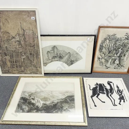 Framed Fan Insert and Assorted Prints