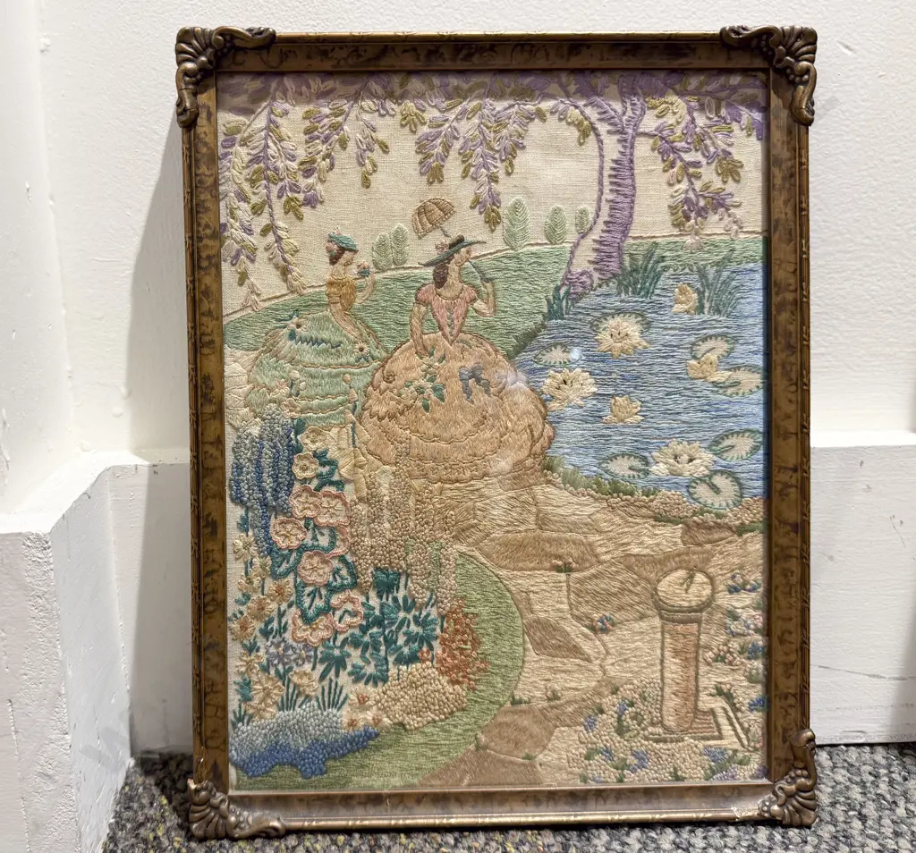 Antique Framed Embroidery - "Day in the Park" Image 1++