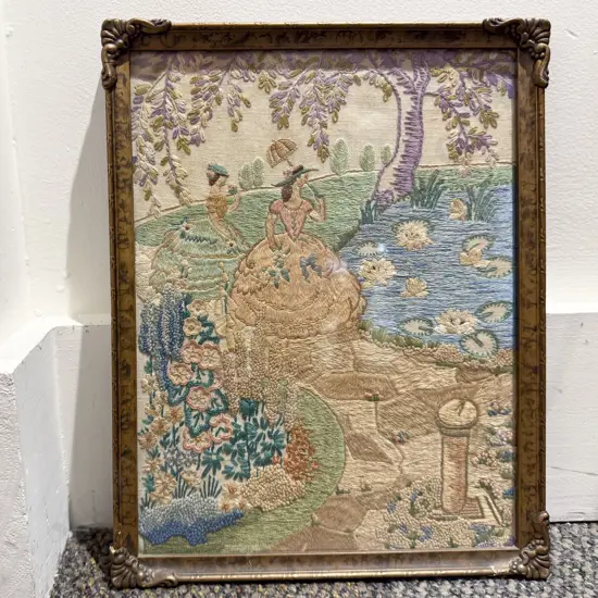 Antique Framed Embroidery - "Day in the Park"