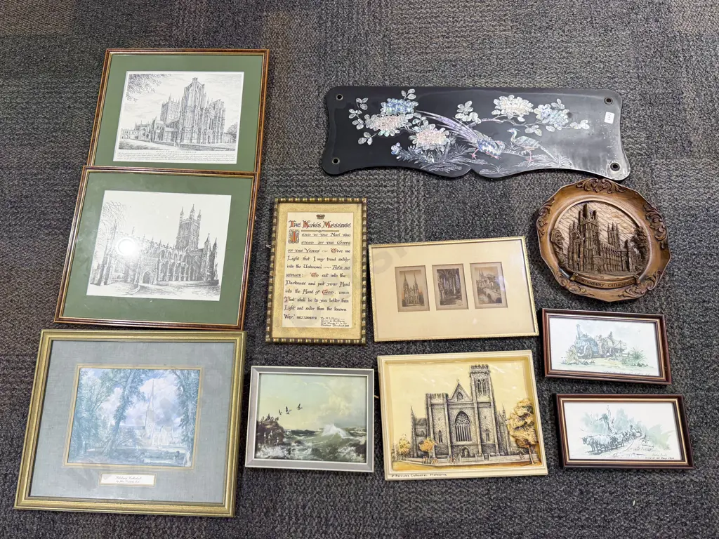 Box of Assorted Artworks & Inlaid Lacquered Shelf Image 1++