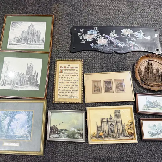 Box of Assorted Artworks & Inlaid Lacquered Shelf