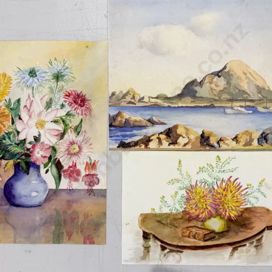 Three Unframed Watercolours together with Print