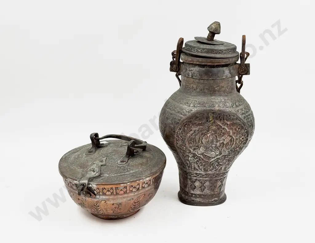 Etched Metal Container together with C19th Metal Water Canteen Image 1++