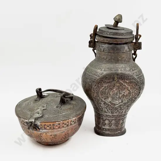 Etched Metal Container together with C19th Metal Water Canteen