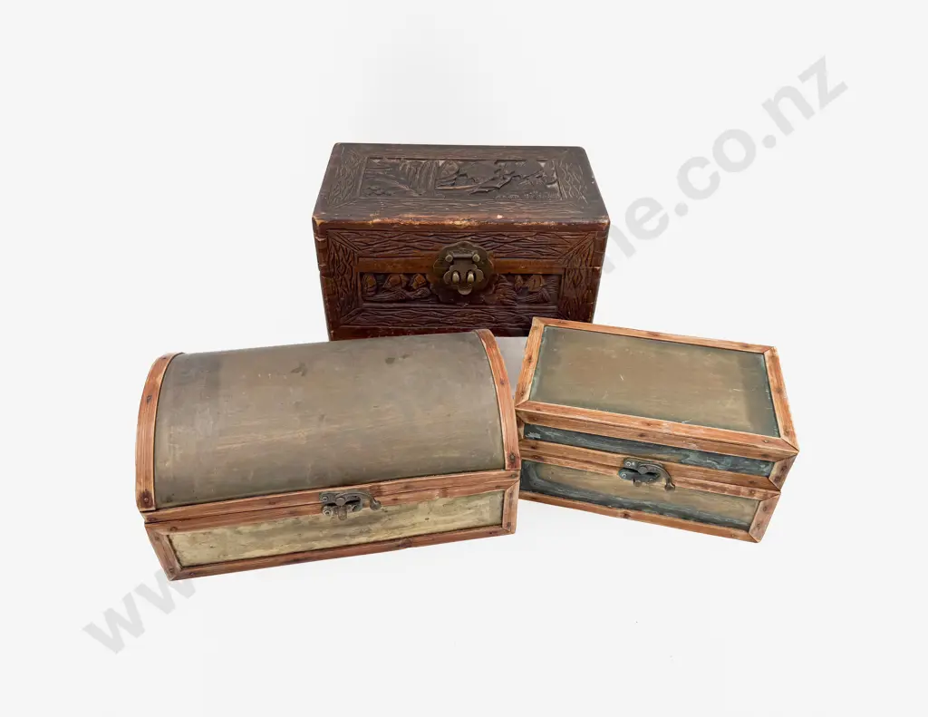 Carved Camphor Jewellery Box with Two Other Boxes Image 1++