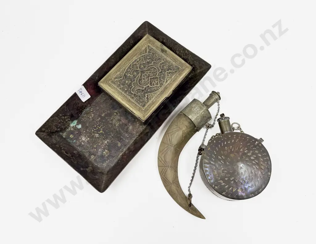 Brass Flask and Dagger Form Flask With Trinket Box and Copper Tray Image 1++