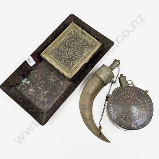 Brass Flask and Dagger Form Flask With Trinket Box and Copper Tray