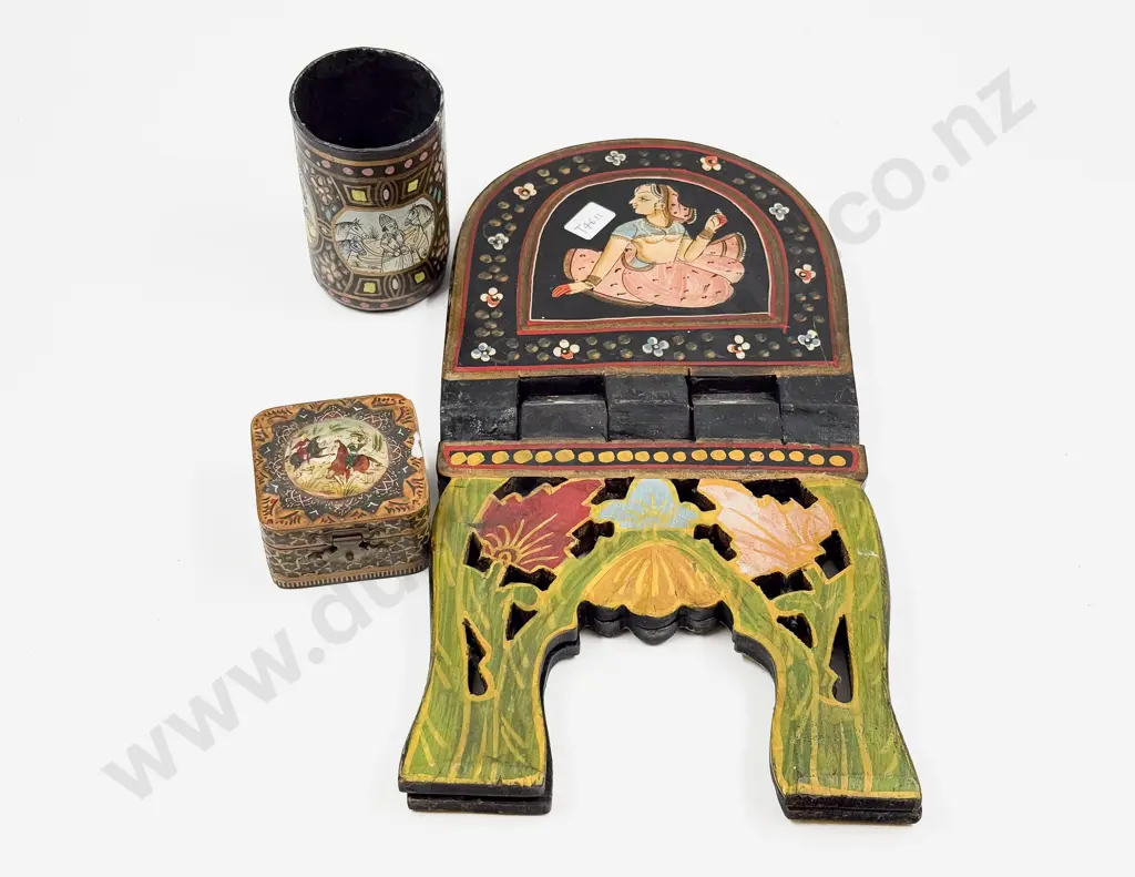 Indian Folding Bookstand Papier Mache Brush Pot & Small Inlaid Trinket Box Image 1++