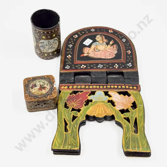 Indian Folding Bookstand Papier Mache Brush Pot & Small Inlaid Trinket Box