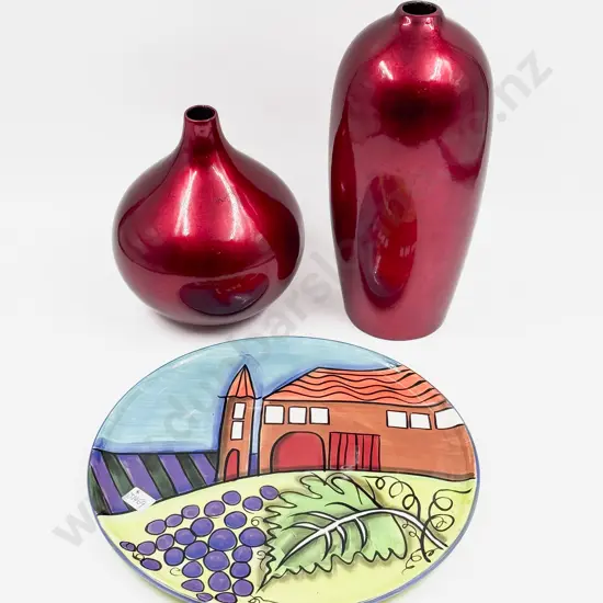 Hand-Painted Platter & Two Red Lustre Vases