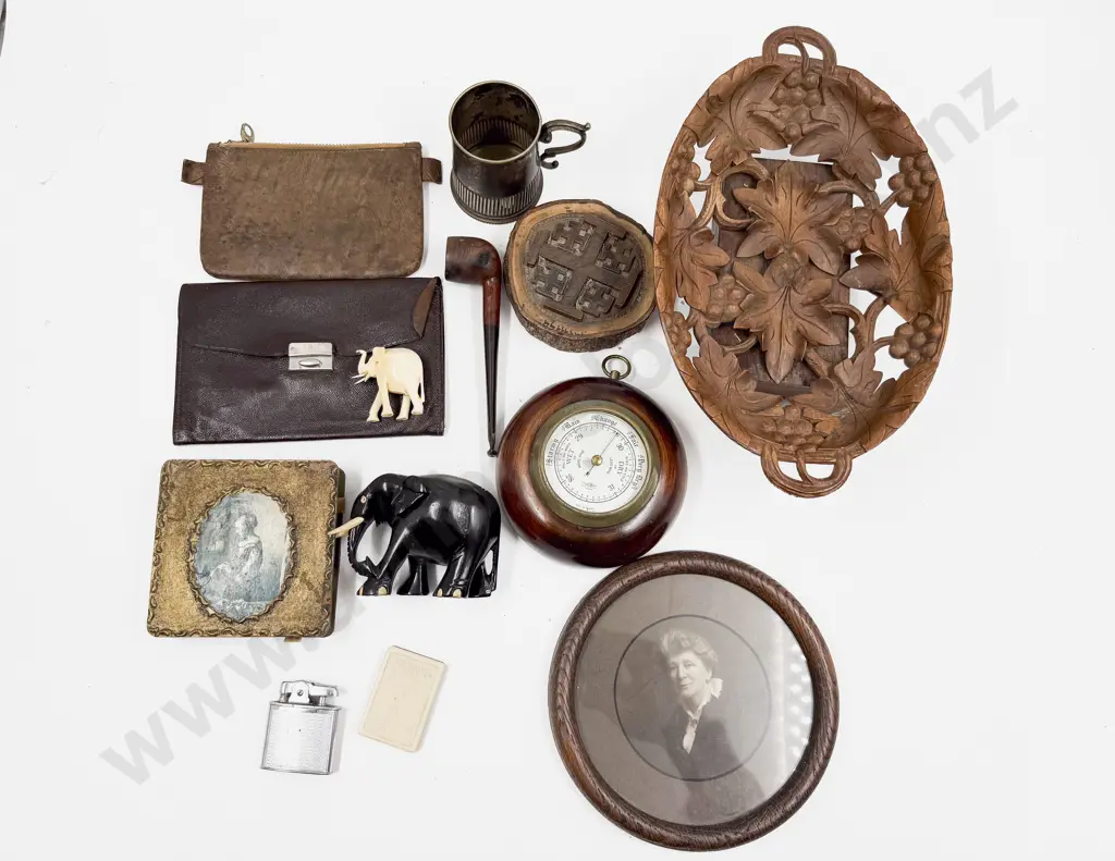 Box of Assorted Carved Wooden Ornaments & Leather Pouches Image 1++