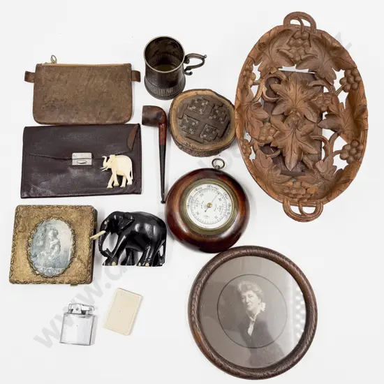Box of Assorted Carved Wooden Ornaments & Leather Pouches