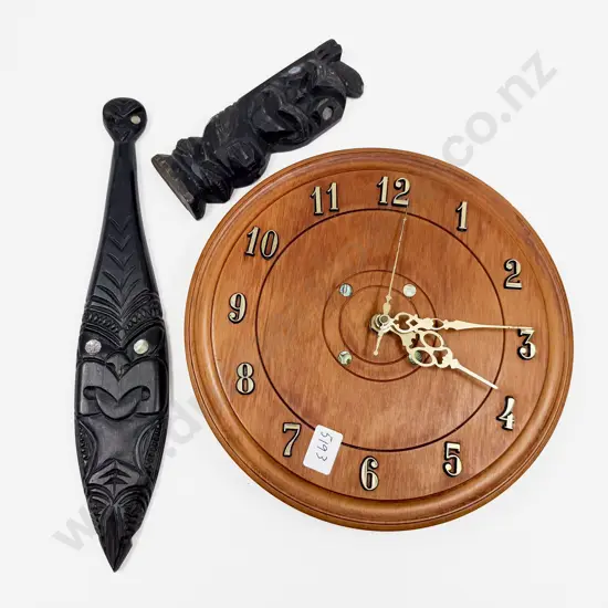 NZ Rimu Wall Clock & Two Souvenir Items