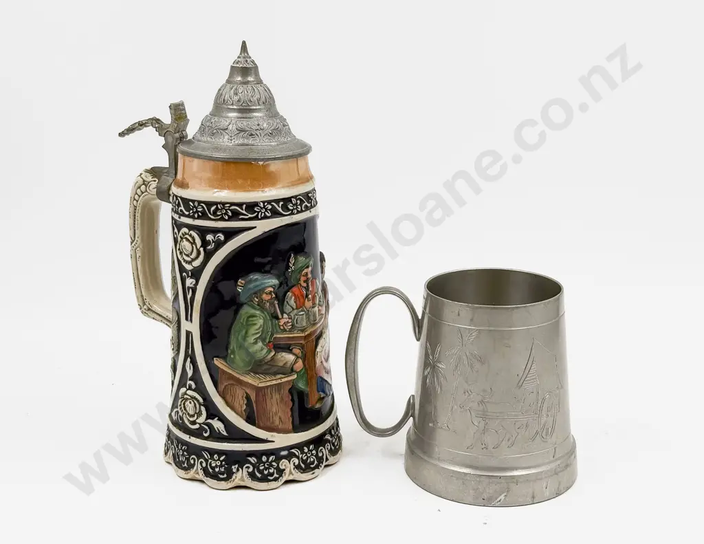 German Ceramic Stein with Pewter Lid (The Lid A/F) together with Another Example Image 1++