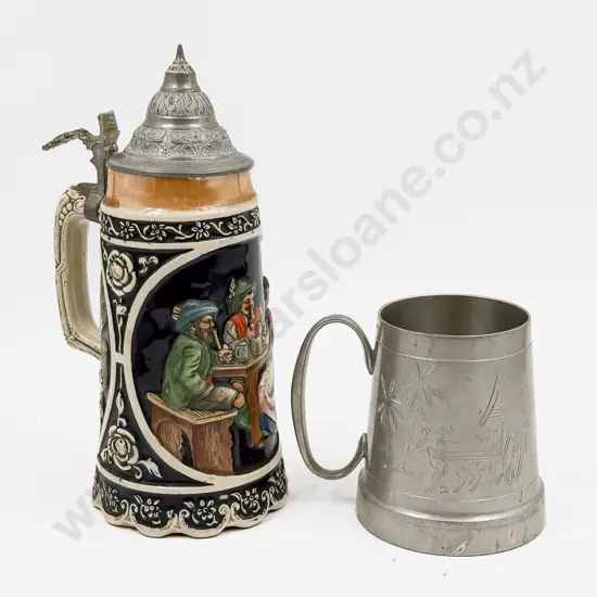 German Ceramic Stein with Pewter Lid (The Lid A/F) together with Another Example