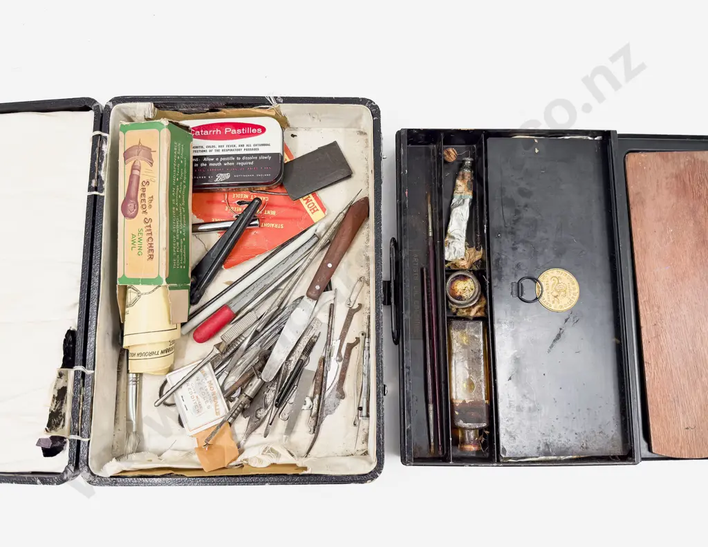 Small Box of Drafting Equipment & Windsor & Newton Artist's Travel Paint Box Image 1++