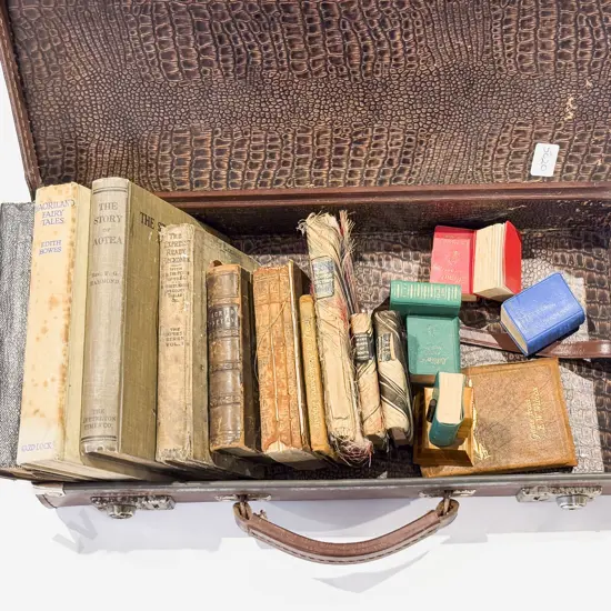 Box of Assorted Vintage Fiction Including Miniatures in Leather Case