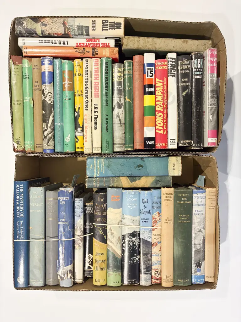 Two Boxes of Assorted Vintage Mountaineering & Rugby Volumes Image 1++