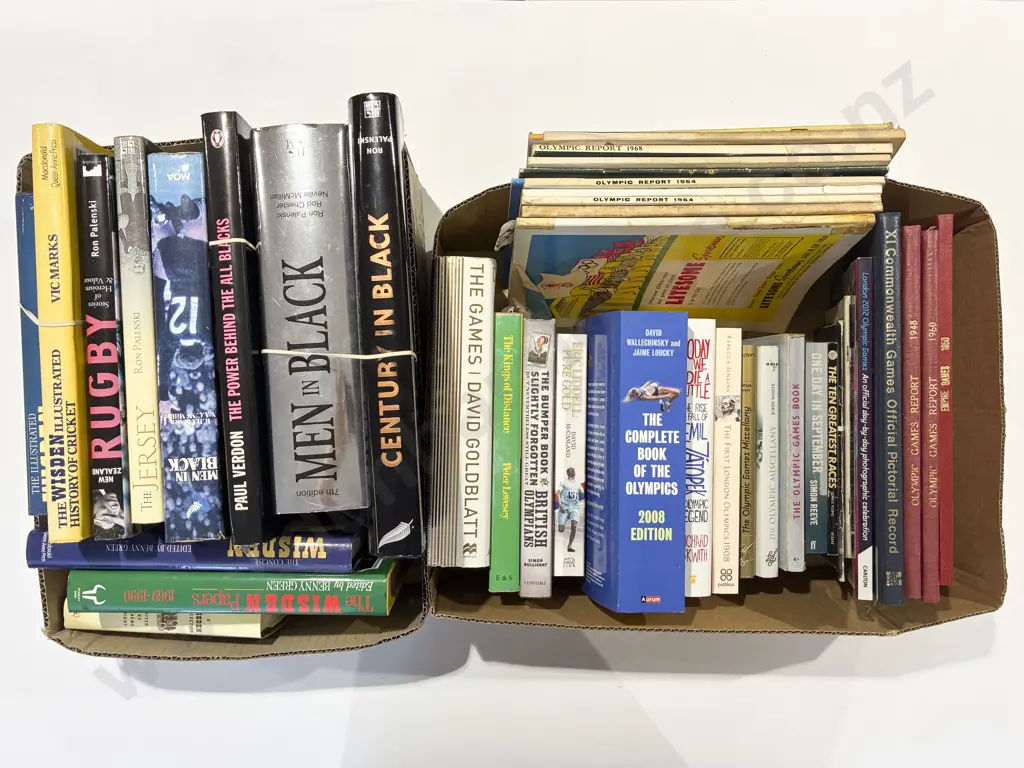 Two Boxes of Assorted Rugby Cricket & Olympic Games Related Books Image 1++