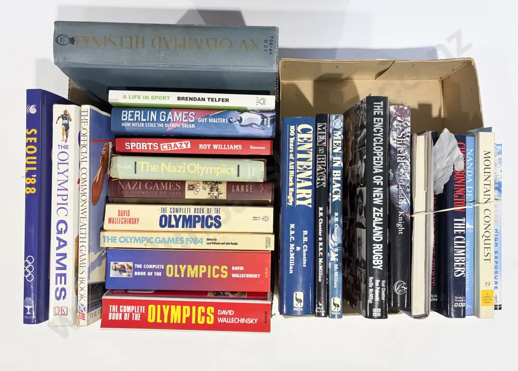 Two Boxes of Assorted Rugby Olympic Games & Mountaineering Books Image 1++