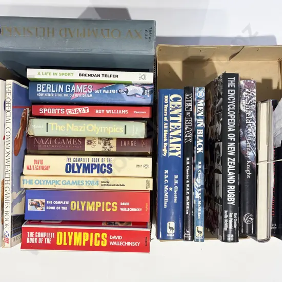 Two Boxes of Assorted Rugby Olympic Games & Mountaineering Books
