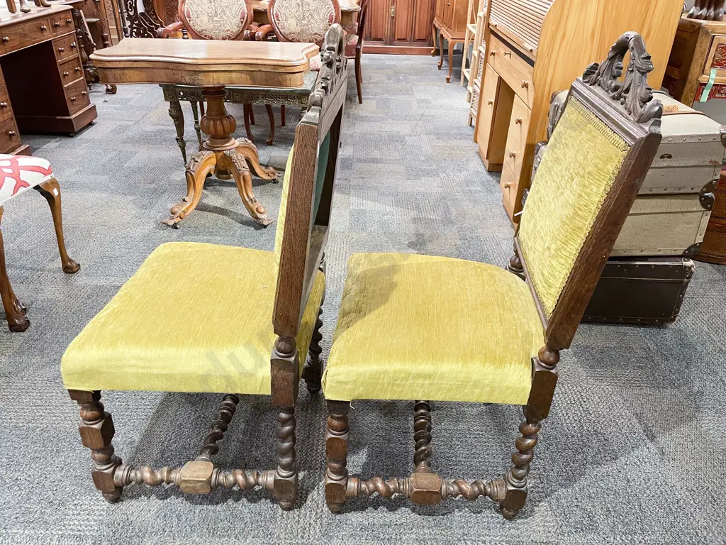 Pair of Edwardian Oak Dining Chairs with Barley Twist Supports Image 1++