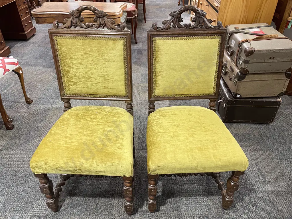 Pair of Edwardian Oak Dining Chairs with Barley Twist Supports Image 1++