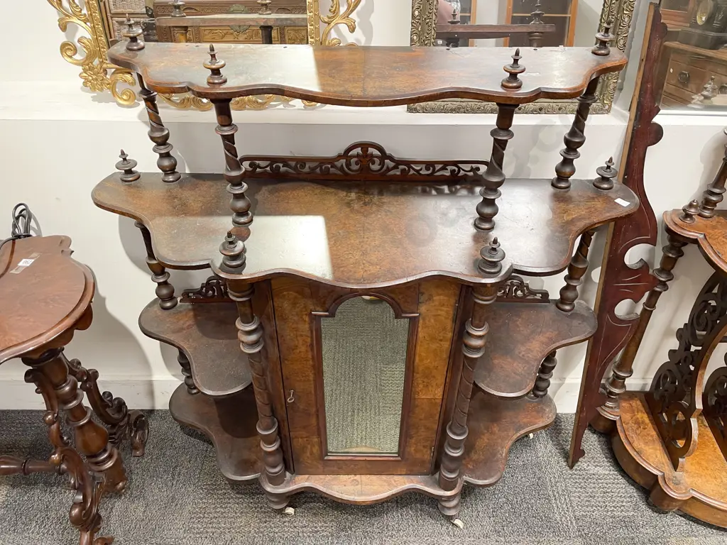 Victorian Burr Walnut What-not with Central Mirror Door Cabinet Image 1++