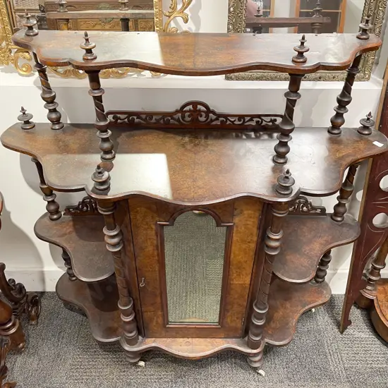 Victorian Burr Walnut What-not with Central Mirror Door Cabinet