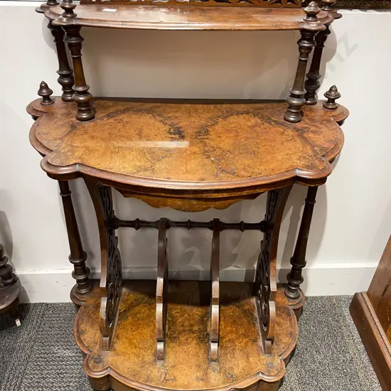 Victorian Burr Walnut Whatnot with Segmented Fretwork Supports
