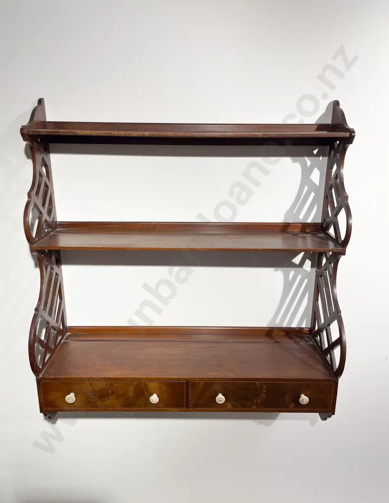 C19th Fine Mahogany & Burr Inlaid Two Drawer Wall Shelf with Fretwork Supports & Ivory Turned Handles Image 1++