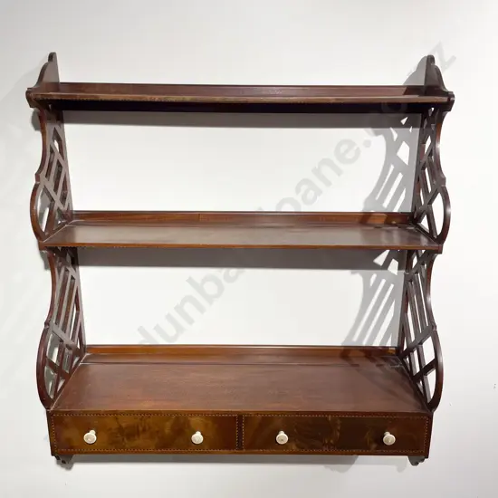 C19th Fine Mahogany & Burr Inlaid Two Drawer Wall Shelf with Fretwork Supports & Ivory Turned Handles