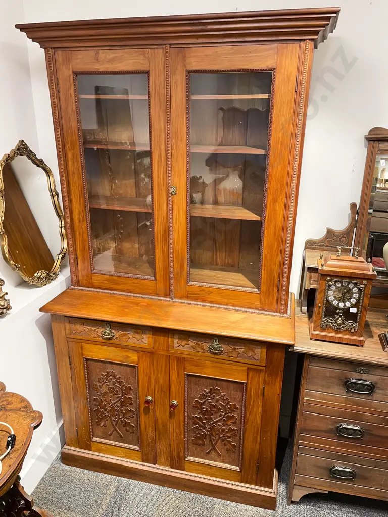 Late C19th NZ Colonial Glazed Bookcase Cabinet with Carved Doors & Drawers to Base Image 1++