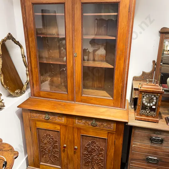 Late C19th NZ Colonial Glazed Bookcase Cabinet with Carved Doors & Drawers to Base