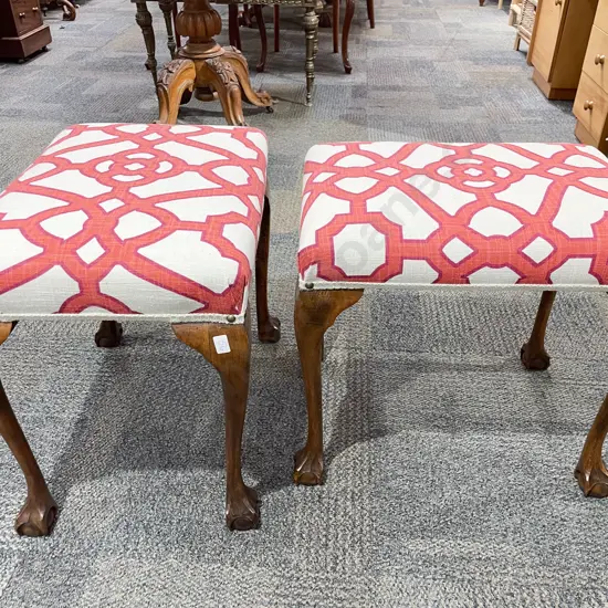 A Near Pair of Modern Upholstered Footstools on Claw & Ball Feet