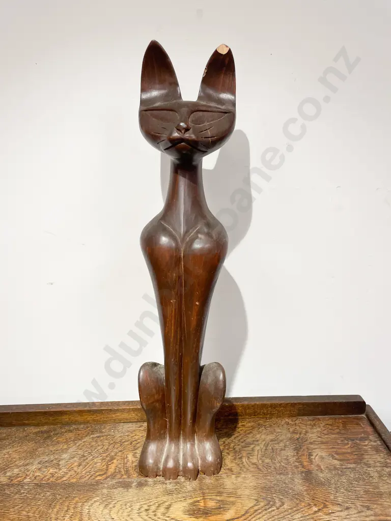 Vintage Hand Carved Wooden Cat Sculpture Image 1++