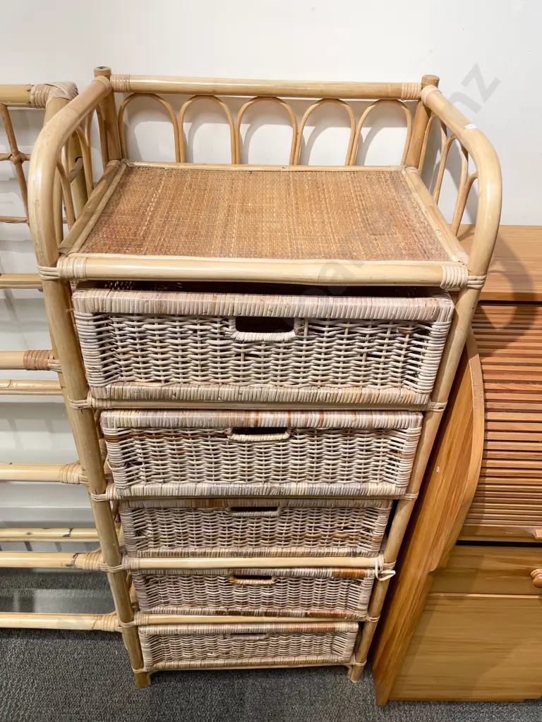 Cane Shelving Unit with Five Wicker Basket Drawers Image 1++