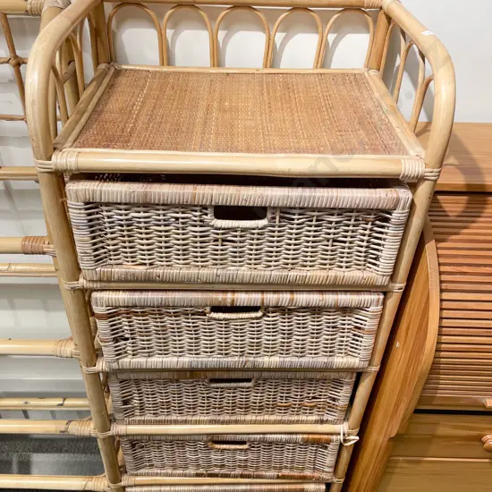 Cane Shelving Unit with Five Wicker Basket Drawers