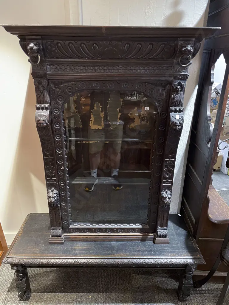 Late Victorian Heavily Carved Glazed Door Display Cabinet with Similar Heavily Carved Low Console Table Image 1++