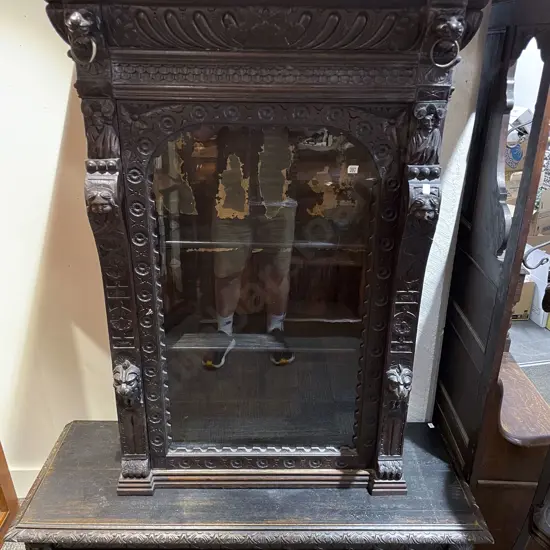 Late Victorian Heavily Carved Glazed Door Display Cabinet with Similar Heavily Carved Low Console Table